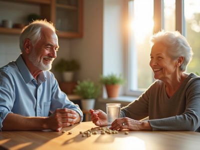 Couple senior souriant avec capsules et eau naturelle