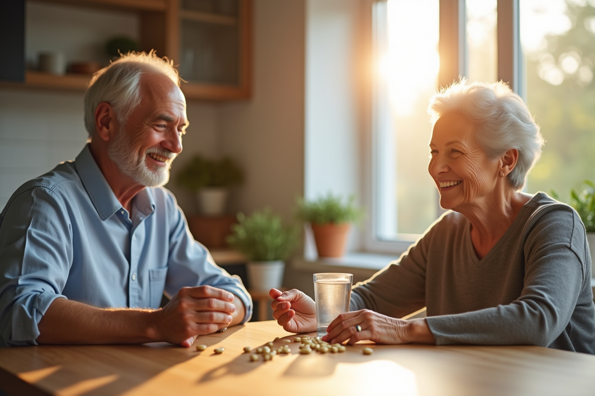 Couple senior souriant avec capsules et eau naturelle