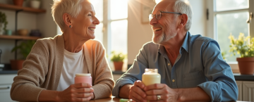 Couple senior souriant prenant des vitamines au petit déjeuner