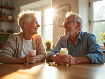 Couple senior souriant prenant des vitamines au petit déjeuner