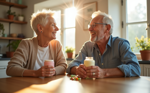 Couple senior souriant prenant des vitamines au petit déjeuner