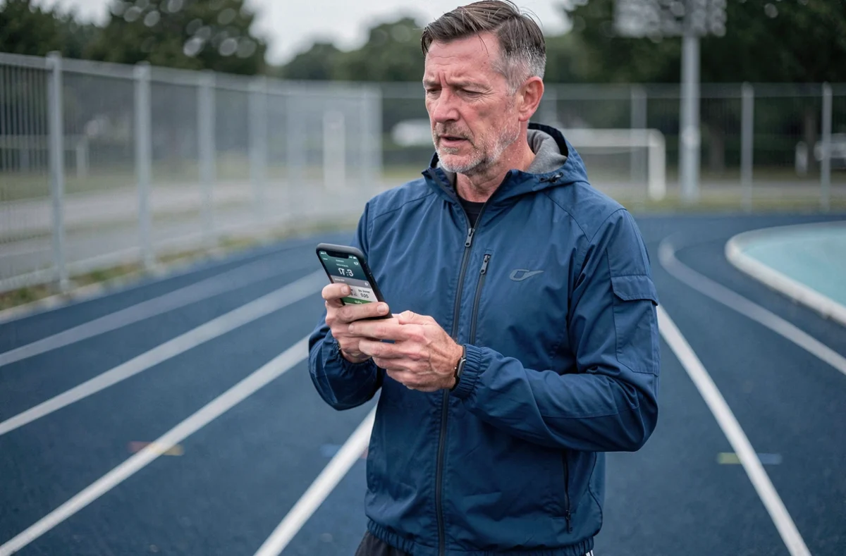 Coureur débutant consultant son application de running avec les données de pace sur une piste d'athlétisme
