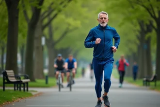 Homme d'âge moyen courant dans un parc urbain