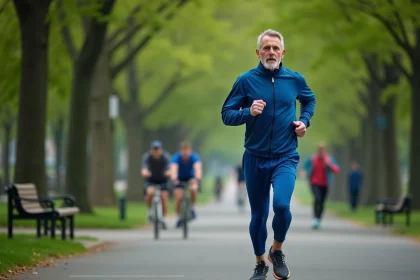 Homme d'âge moyen courant dans un parc urbain