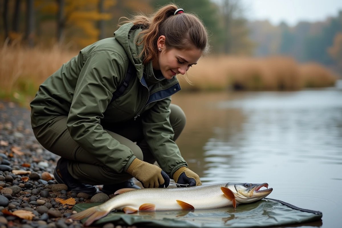 Pêcheuse avec des gants néoprène qui décroche un brochet sur un tapis de réception au bord d'une rivière