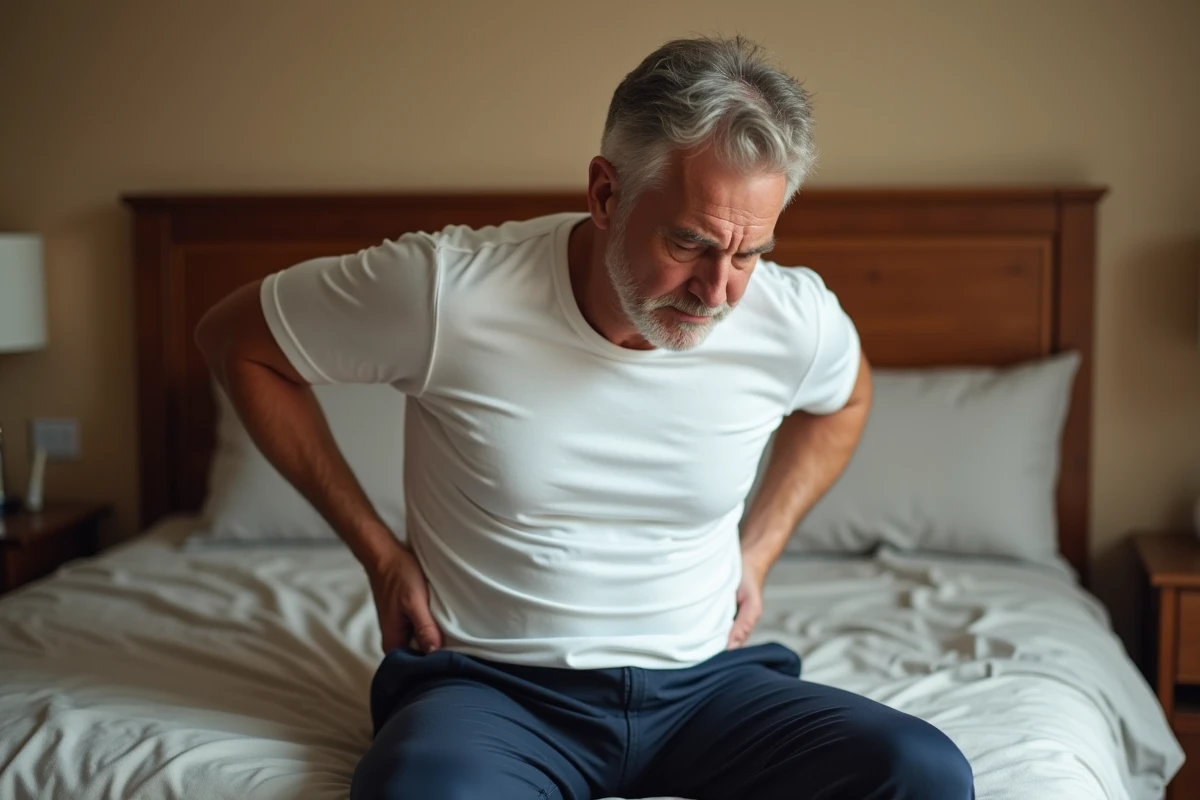 Homme souffrant de démangeaisons dans le dos assis sur son lit, symptôme pouvant être associé à certaines maladies graves dont le cancer
