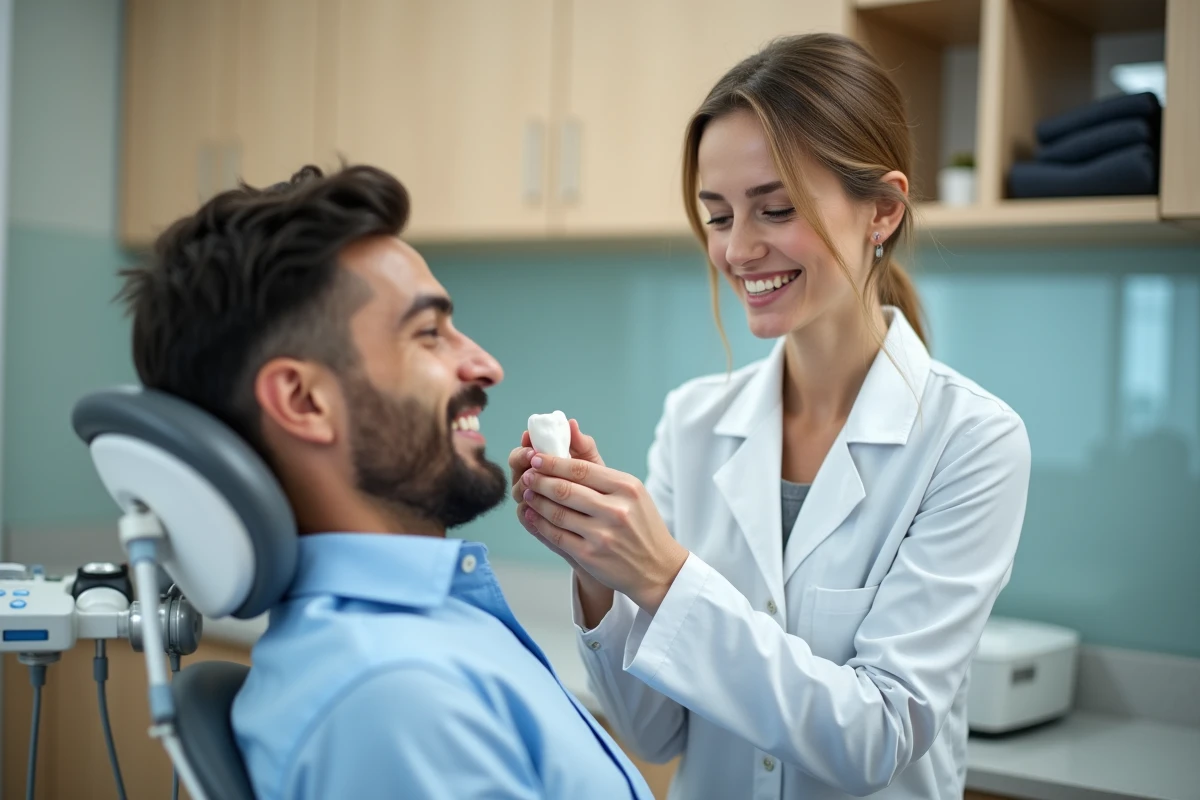 Dentiste montrant une couronne dentaire à un patient souriant