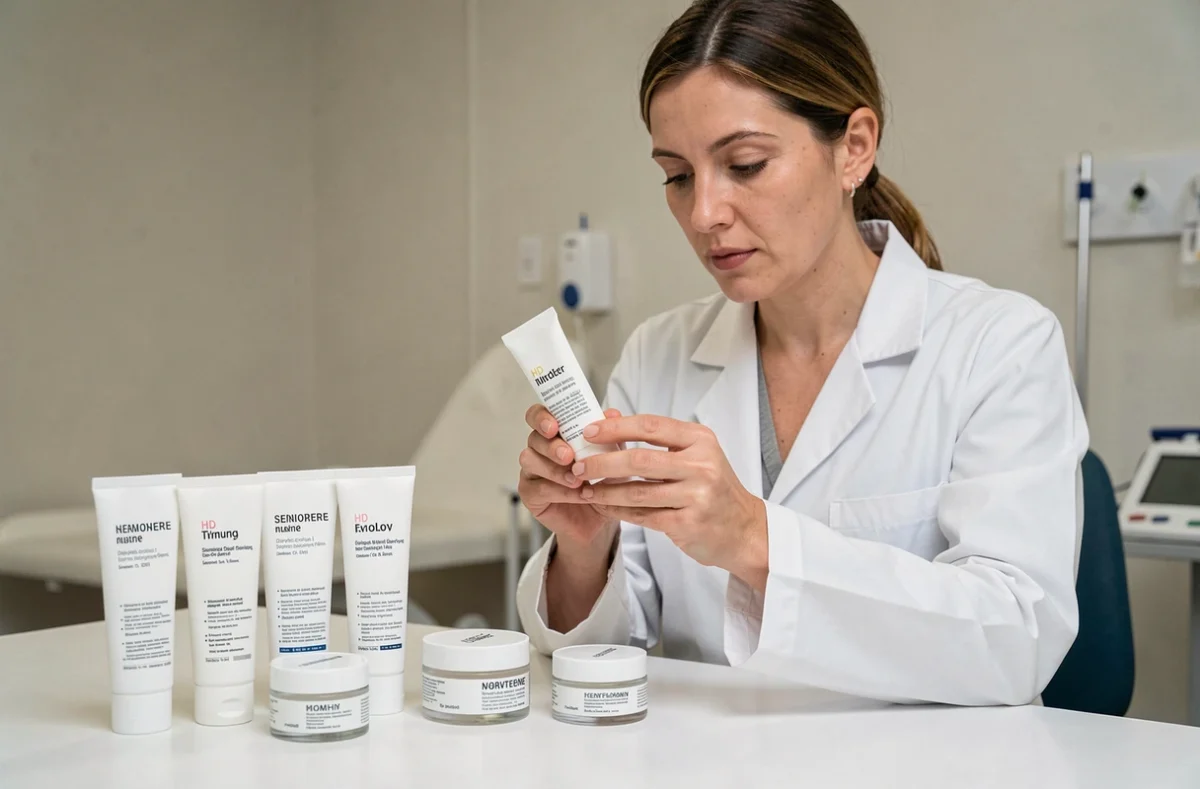 Dermatologue examinant des tubes et pots de crèmes émollientes dans un cabinet médical
