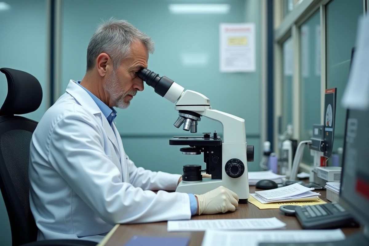 Dermatologue pathologiste analysant une biopsie cutanée au microscope dans un service hospitalier universitaire français