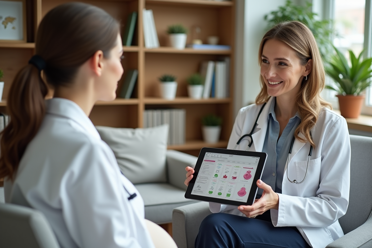 Docteur expliquant un tableau nutritionnel à une femme enceinte