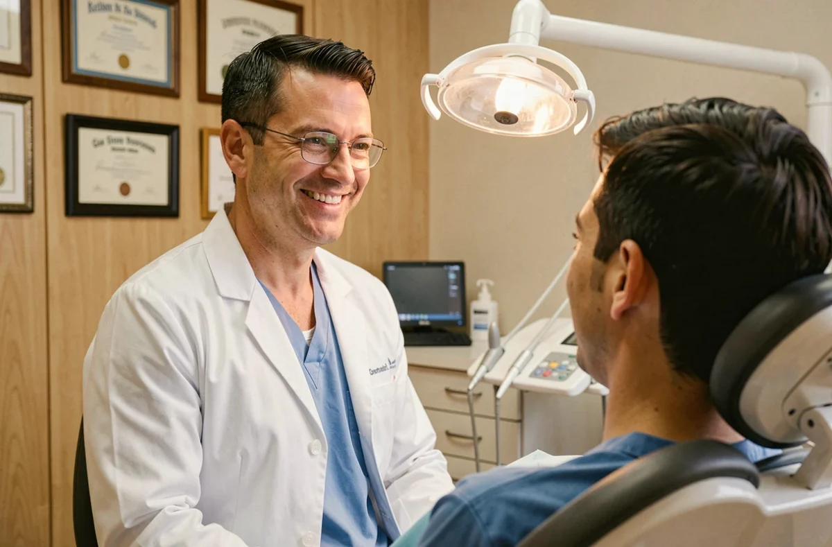 Le Docteur Florin Giurgia, dentiste, en consultation avec un patient dans son cabinet, portant une blouse blanche et des lunettes