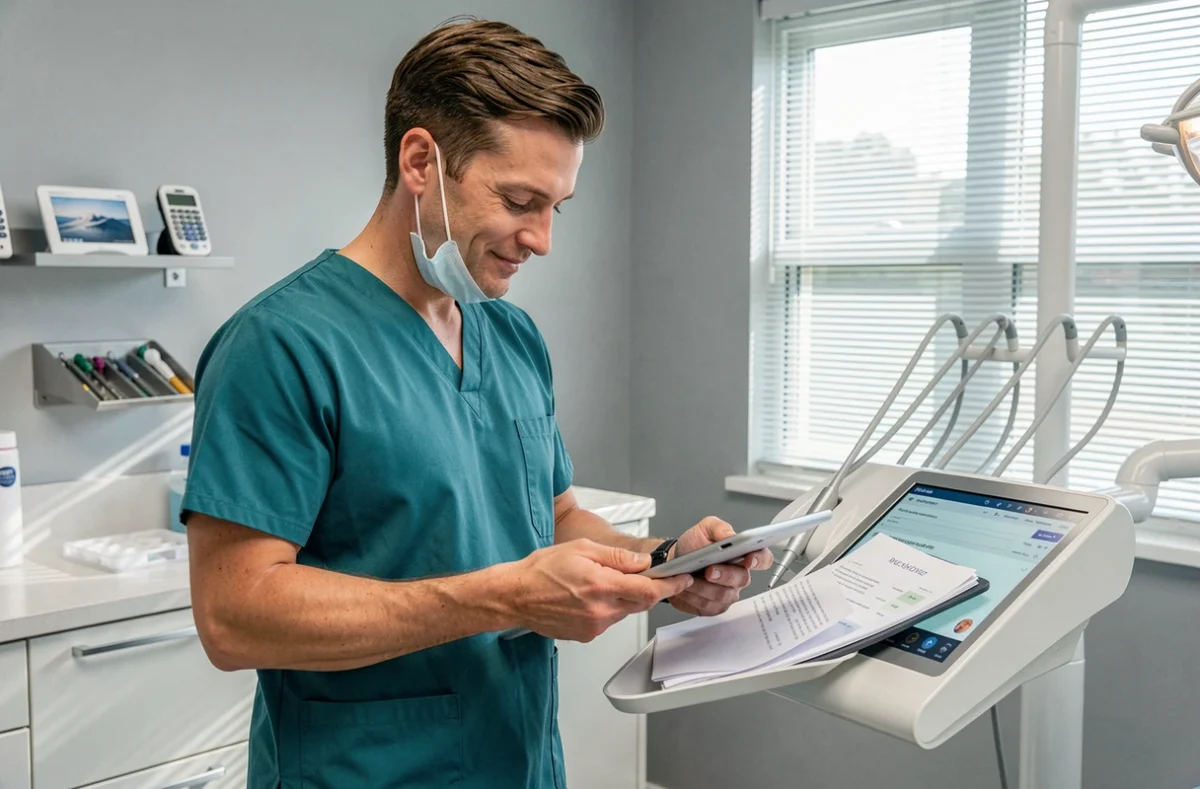 Le Docteur Nicolas Fousson, dentiste, consultant des notes sur une tablette dans son cabinet aux murs gris et à l'équipement moderne