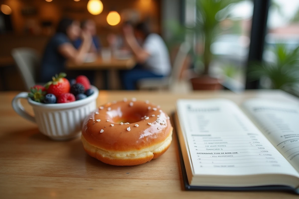 Donut glacé Krispy Kreme posé à côté d'un journal de suivi calorique et de fruits frais sur une table en bois