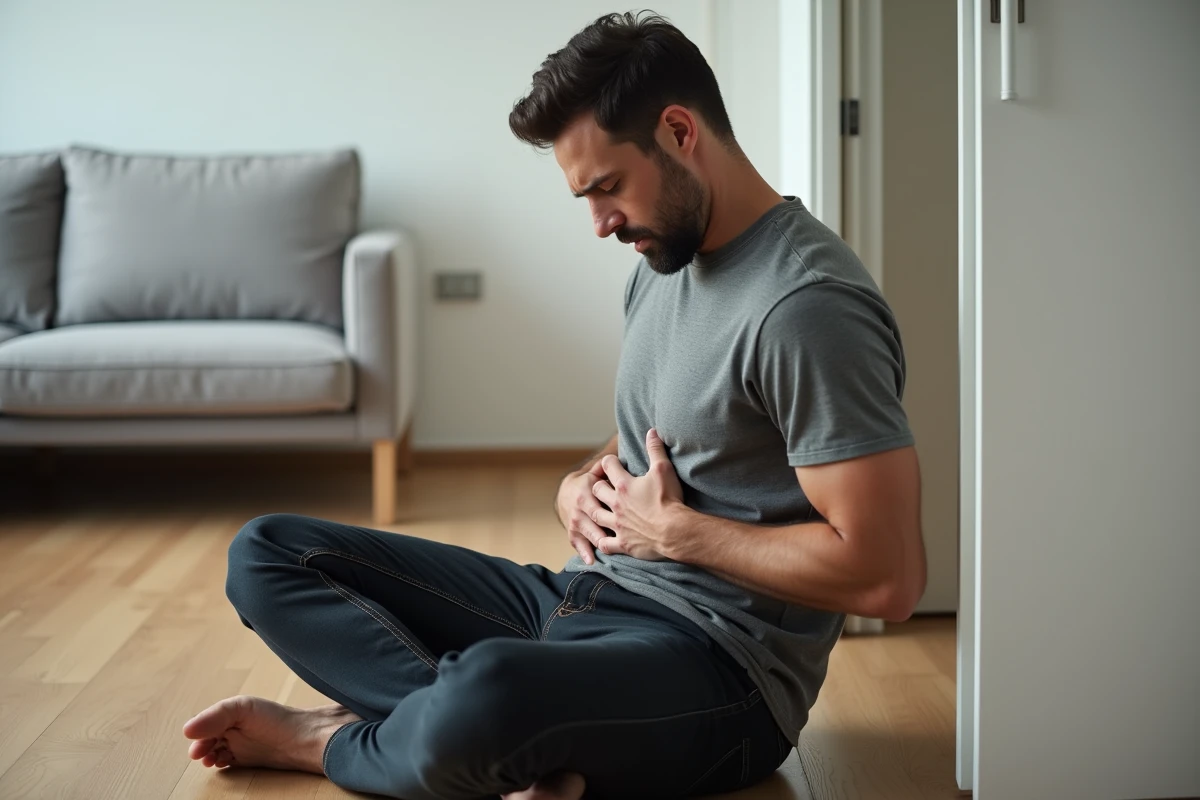 Homme adulte tenant son côté droit sous les côtes avec une expression de douleur après une chute, assis sur un parquet en bois dans un salon