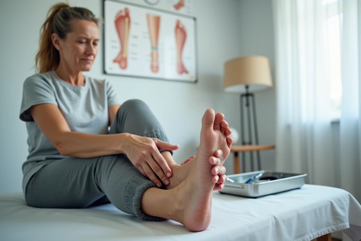 Femme d'âge moyen assise sur une table d'examen médical tenant la partie externe de son pied douloureux dans une salle de consultation clinique