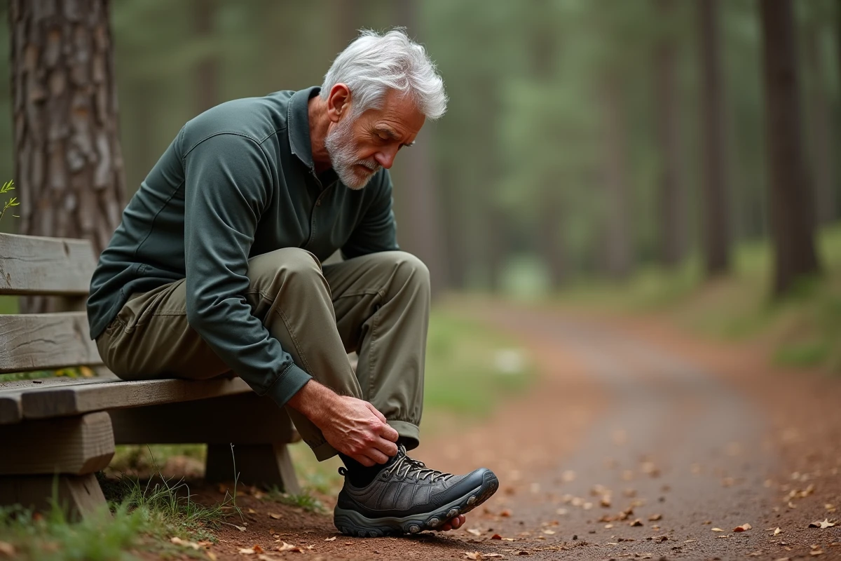 Homme senior en tenue de randonnée retirant sa chaussure de trail sur un banc en bois dans une forêt en raison d'une douleur sur le côté externe du pied