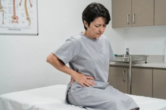 Femme d'âge moyen en consultation médicale tenant sa main dans le bas du dos en raison d'une douleur au sacrum persistante