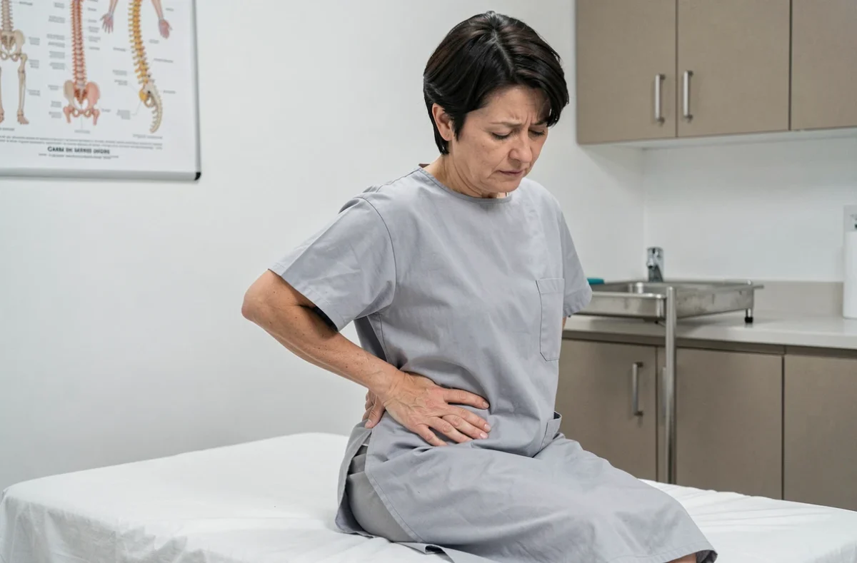 Femme d'âge moyen en consultation médicale tenant sa main dans le bas du dos en raison d'une douleur au sacrum persistante