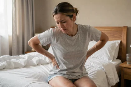Femme assise sur le bord de son lit le matin, les mains dans le bas du dos, souffrant d'une douleur au sacrum au réveil
