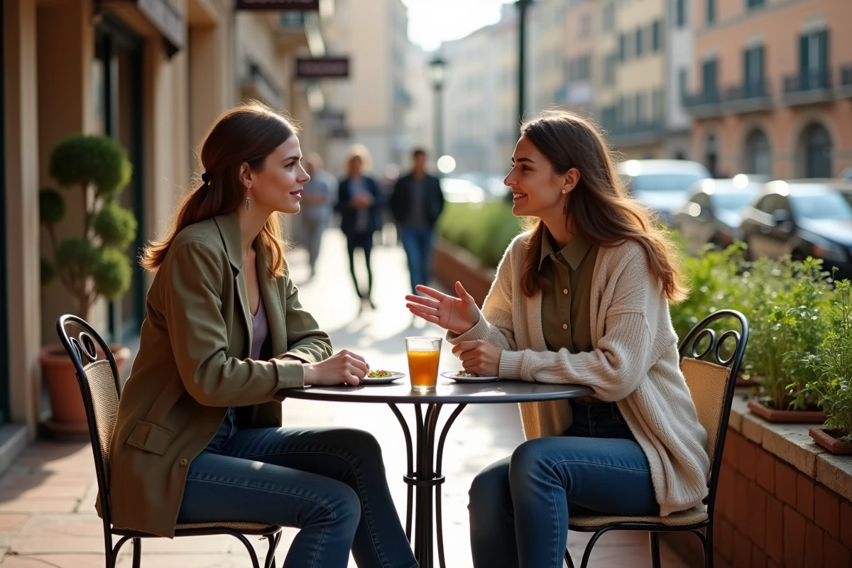 Deux femmes échangeant sur l'intégration d'une méthode pratique dans leur routine lors d'une discussion en terrasse