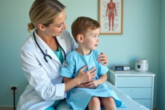Enfant examiné par un médecin pédiatre lors d'une consultation médicale sur un polype