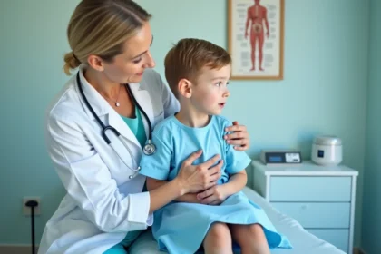 Enfant examiné par un médecin pédiatre lors d'une consultation médicale sur un polype