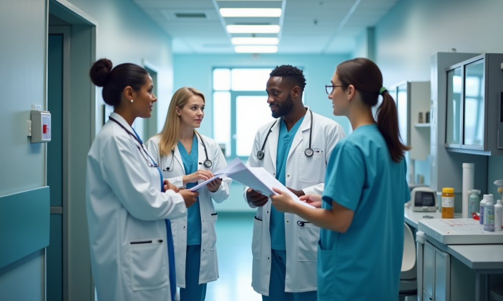 Équipe médicale diversifiée dans un hôpital moderne
