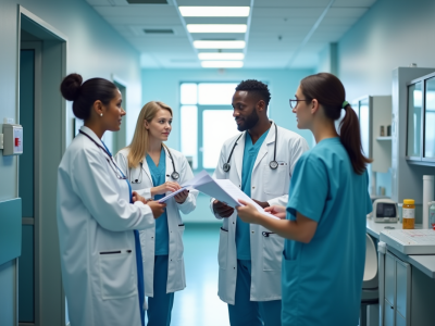 Équipe médicale diversifiée dans un hôpital moderne