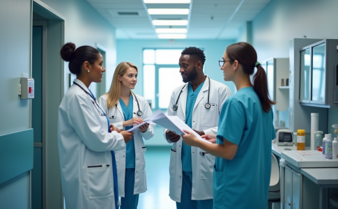 Équipe médicale diversifiée dans un hôpital moderne