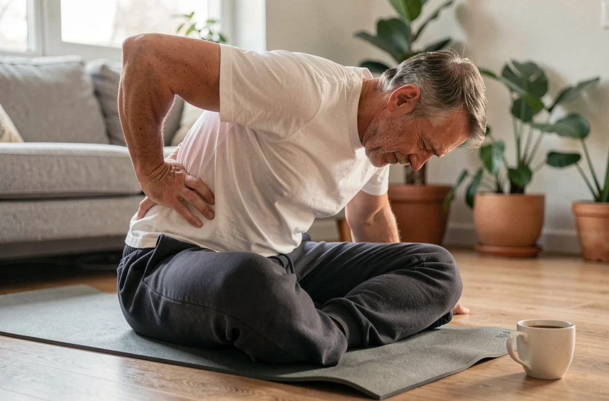 Homme d'une cinquantaine d'années s'étirant le bas du dos sur un tapis de yoga le matin pour soulager une douleur au sacrum