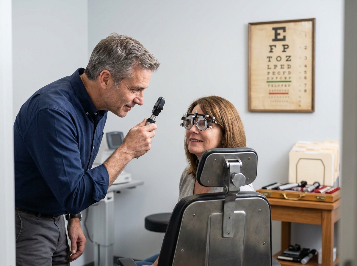 Opticien réalisant un examen de vue sur une patiente dans un cabinet optométrique du Finistère