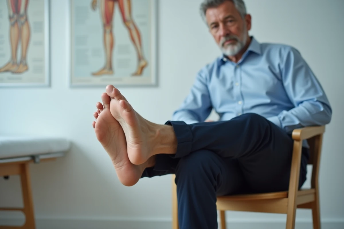 Homme réalisant des exercices de flexion du pied chez un kinésithérapeute pour améliorer la circulation sanguine