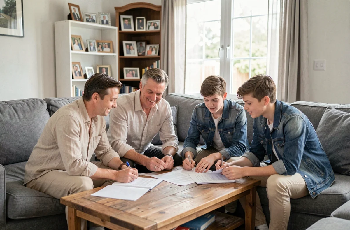 Famille multigénérationnelle discutant d'une assurance ECA ensemble dans un salon, représentant la protection familiale
