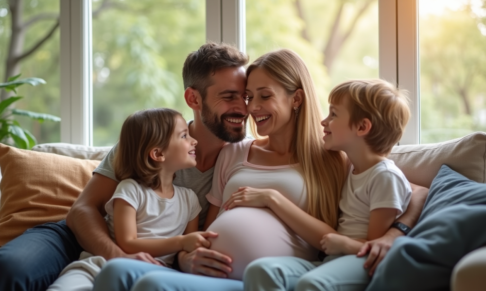 Famille heureuse réunie dans un salon lumineux