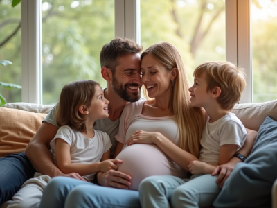 Famille heureuse réunie dans un salon lumineux