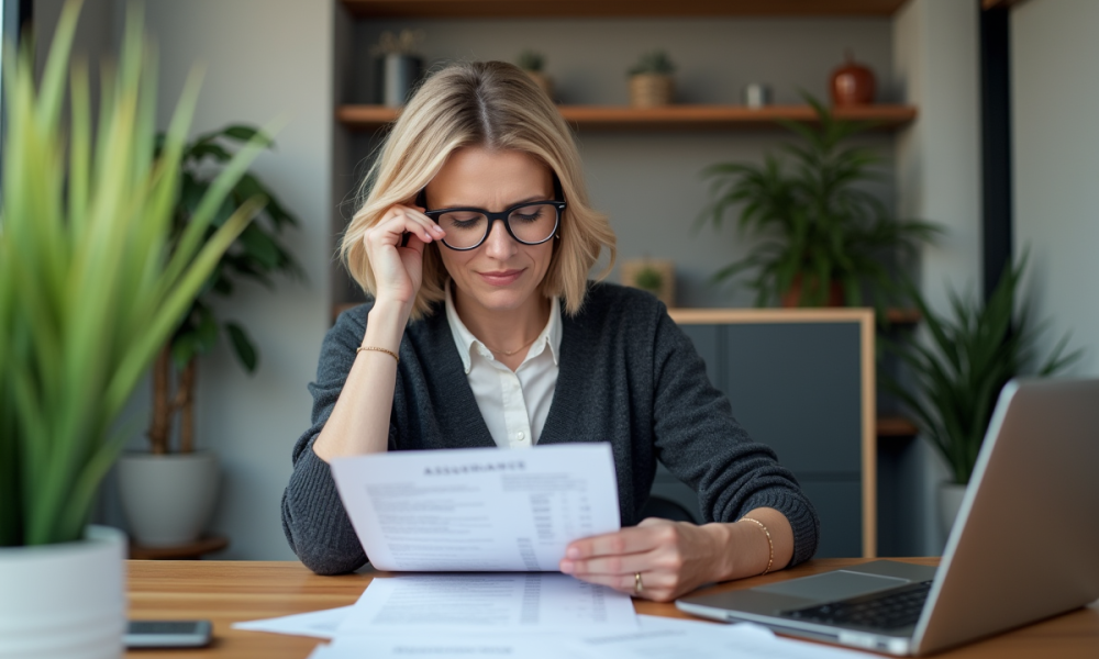 Femme d'affaires regardant des papiers assurance et mutuelle