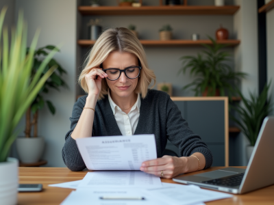 Femme d'affaires regardant des papiers assurance et mutuelle