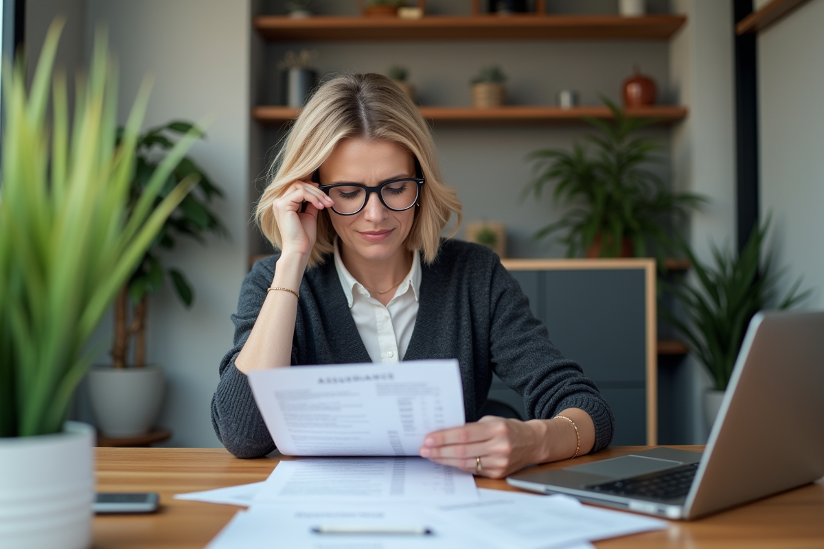 Femme d'affaires regardant des papiers assurance et mutuelle