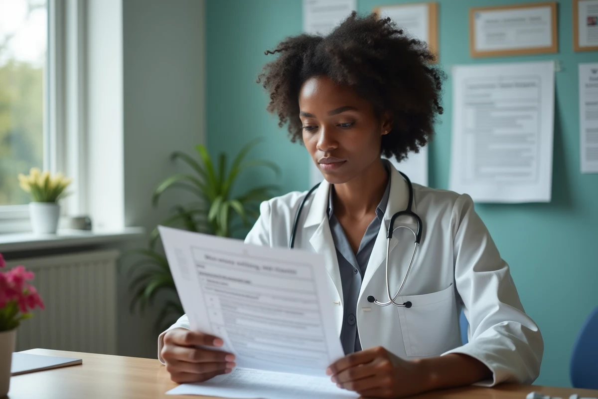 Jeune femme africaine consulte ses résultats médicaux dans un cabinet