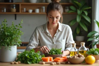 Femme arrangeant des aliments antiinflammatoires frais sur la table