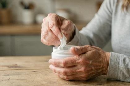 Femme appliquant une crème émolliente épaisse sur une peau sèche et irritée à une table en bois