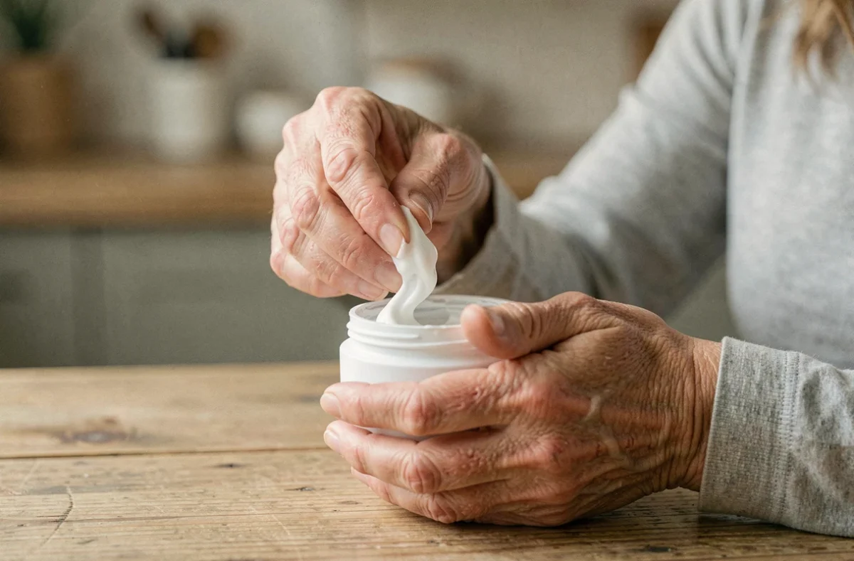 Femme appliquant une crème émolliente épaisse sur une peau sèche et irritée à une table en bois