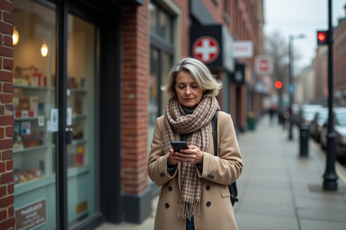 Femme dans la rue regardant son téléphone