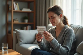 Femme tenant un verre d'eau et un blister de paracétamol avec une expression incertaine, illustrant les risques de l'automédication à domicile