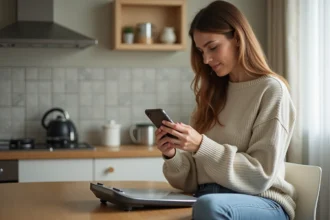 Femme vérifiant son poids sur une balance dans une cuisine lumineuse