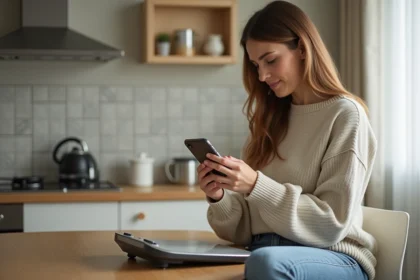 Femme vérifiant son poids sur une balance dans une cuisine lumineuse