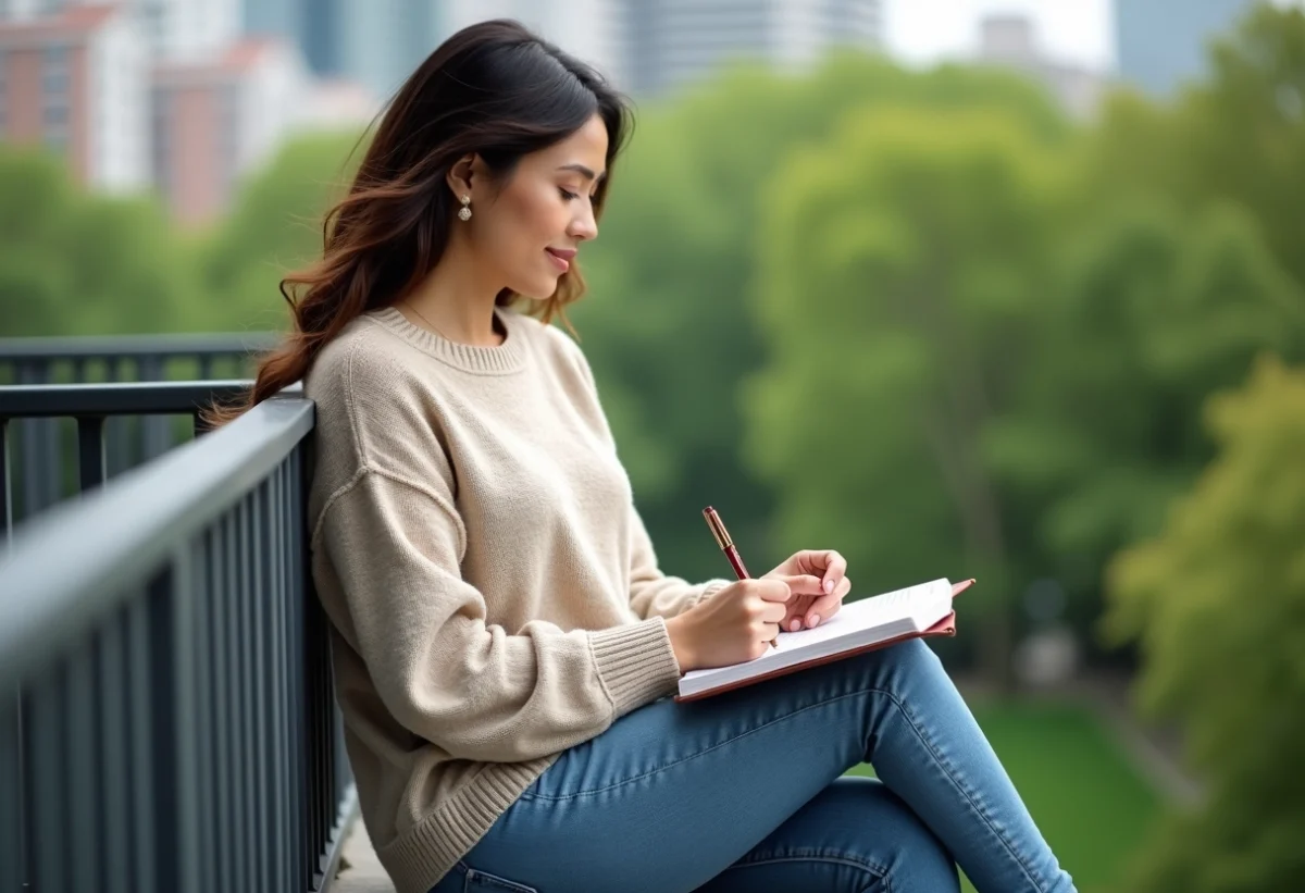 Femme assise sur un balcon avec parc urbain en arrière-plan