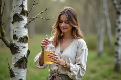 Femme versant de la sève de bouleau en plein air