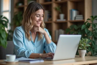 Femme assise à un bureau moderne avec un ordinateur portable