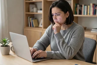 Femme consultant le blog Medicys sur un ordinateur portable depuis son bureau à domicile, l'air pensif et attentif